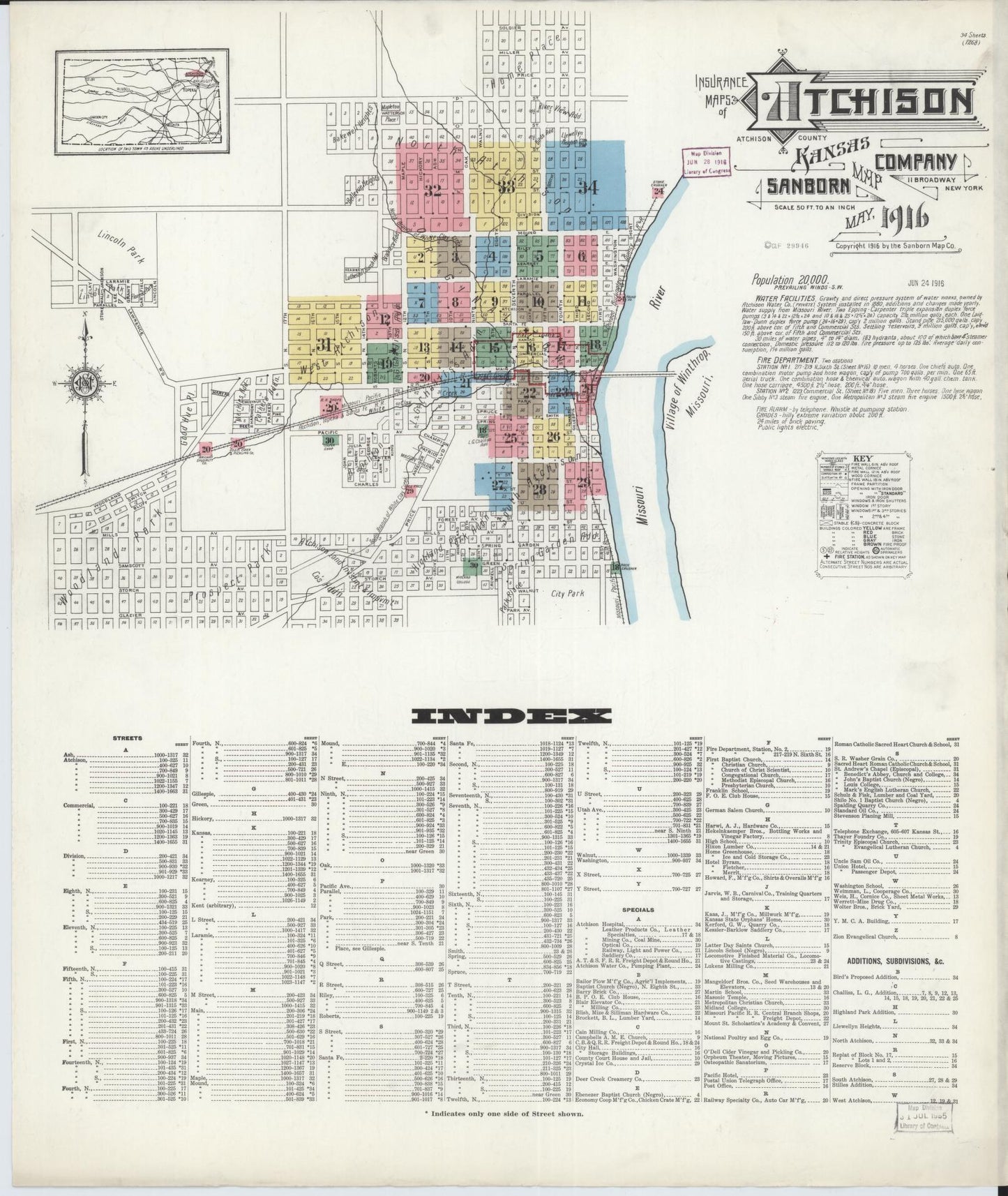 Sanborn Fire Insurance Map from Atchison, Atchison County, Kansas (1916), Sheet #0001 - Historic Sanborn Fire Insurance Map Print, vintage old map wall art, antique decor, genealogy gift, Kansas Kansas map