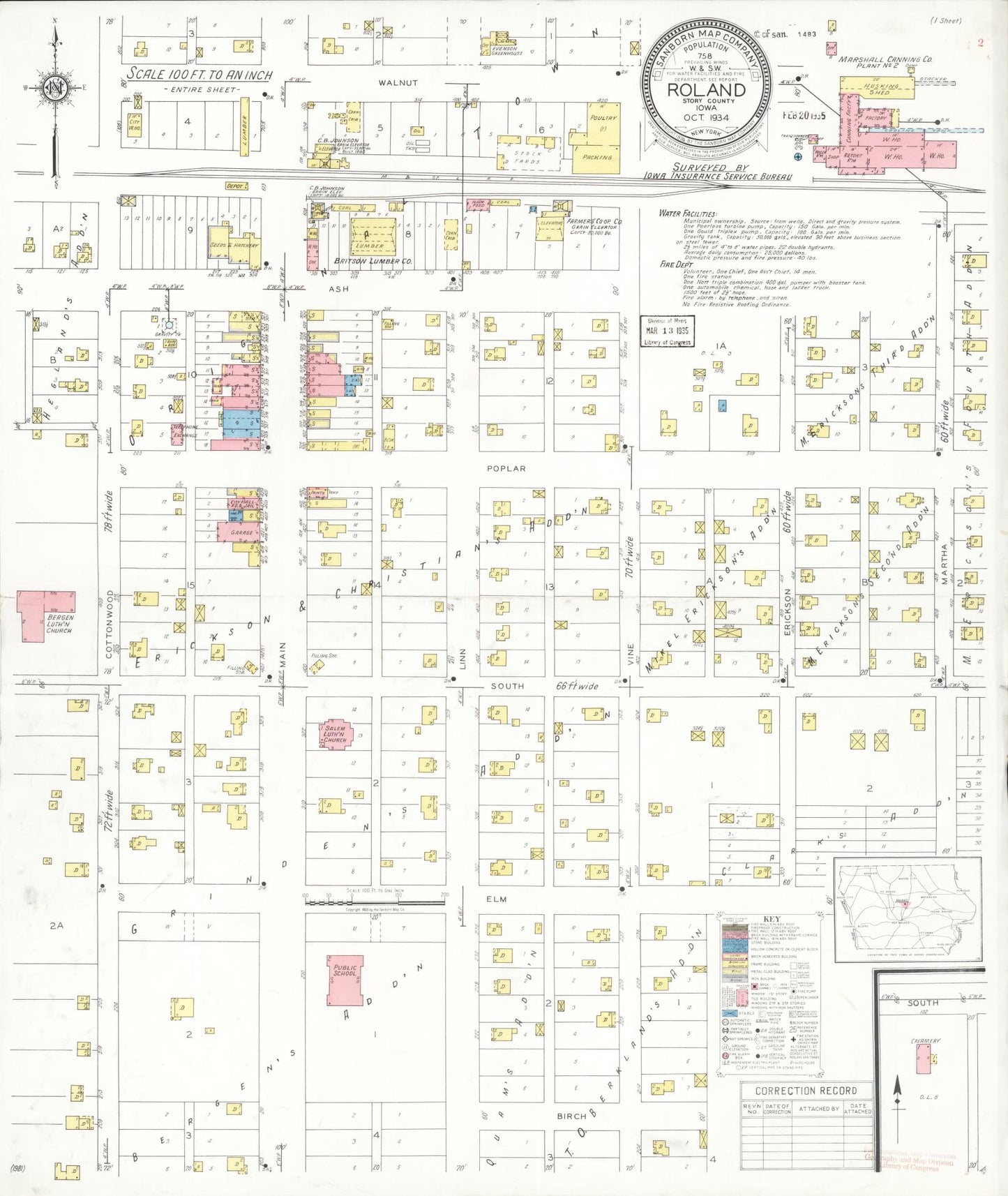 Sanborn Fire Insurance Map from Roland, Story County, Iowa (1934), Sheet #0001 - Historic Sanborn Fire Insurance Map Print, vintage old map wall art