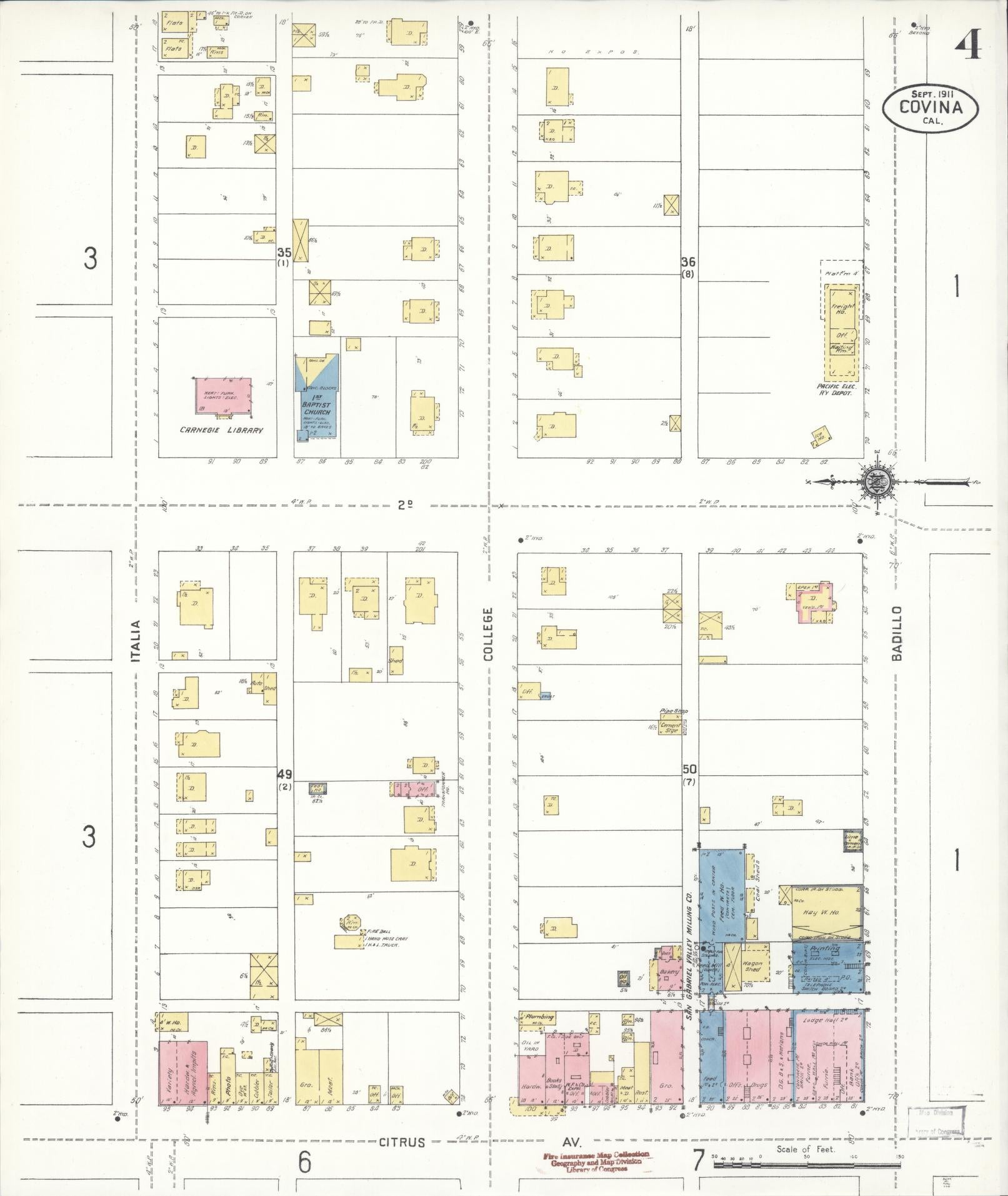 Sanborn Fire Insurance Map from Covina, Los Angeles County, California (1911), Sheet #0004 - Complete Map Set gallery image, historic Sanborn map, vintage wall art, California California