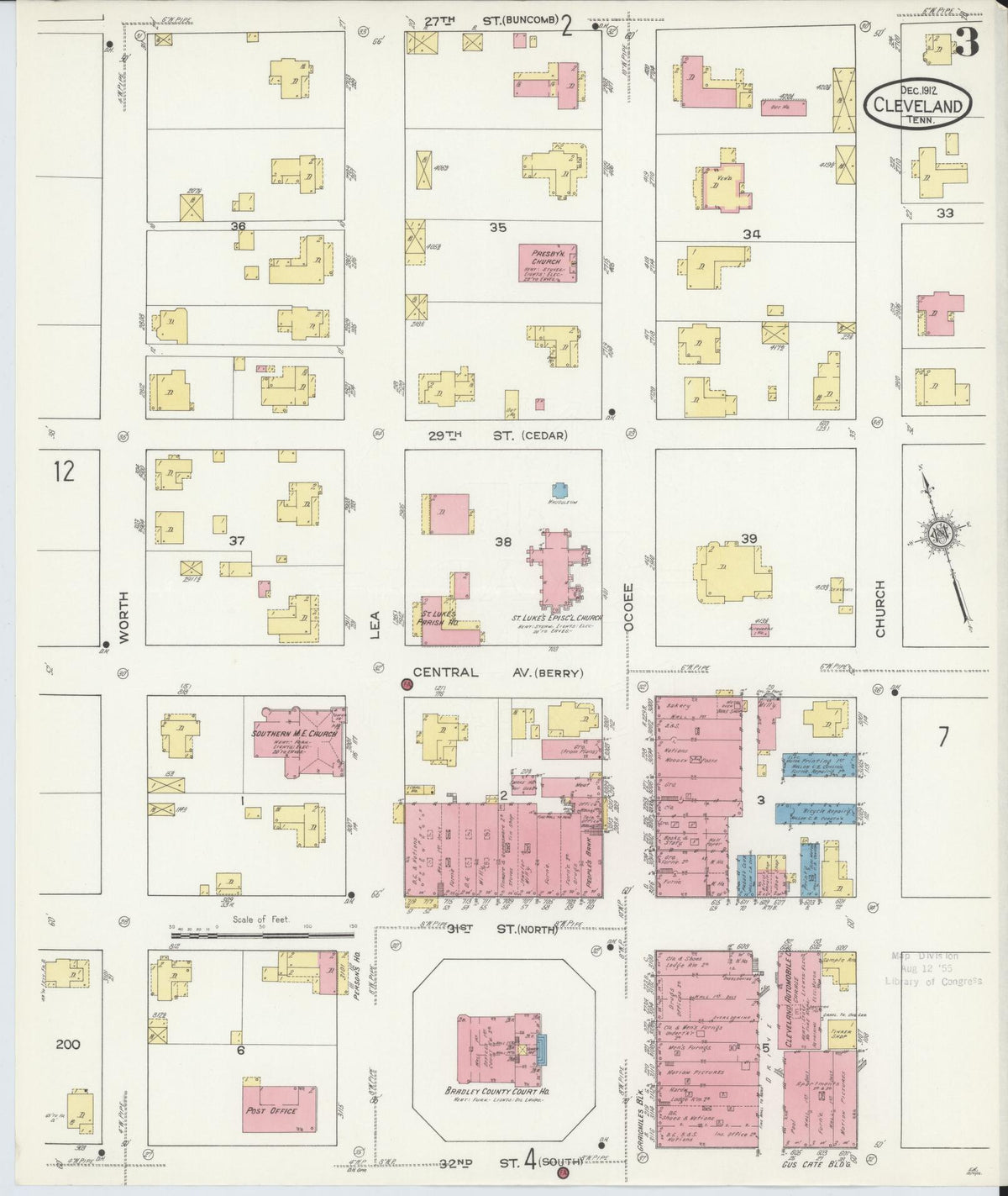 Sanborn Fire Insurance Map from Cleveland, Bradley County, Tennessee (1912), Sheet #0003 - Complete Map Set gallery image, historic Sanborn map, vintage wall art, Tennessee Tennessee