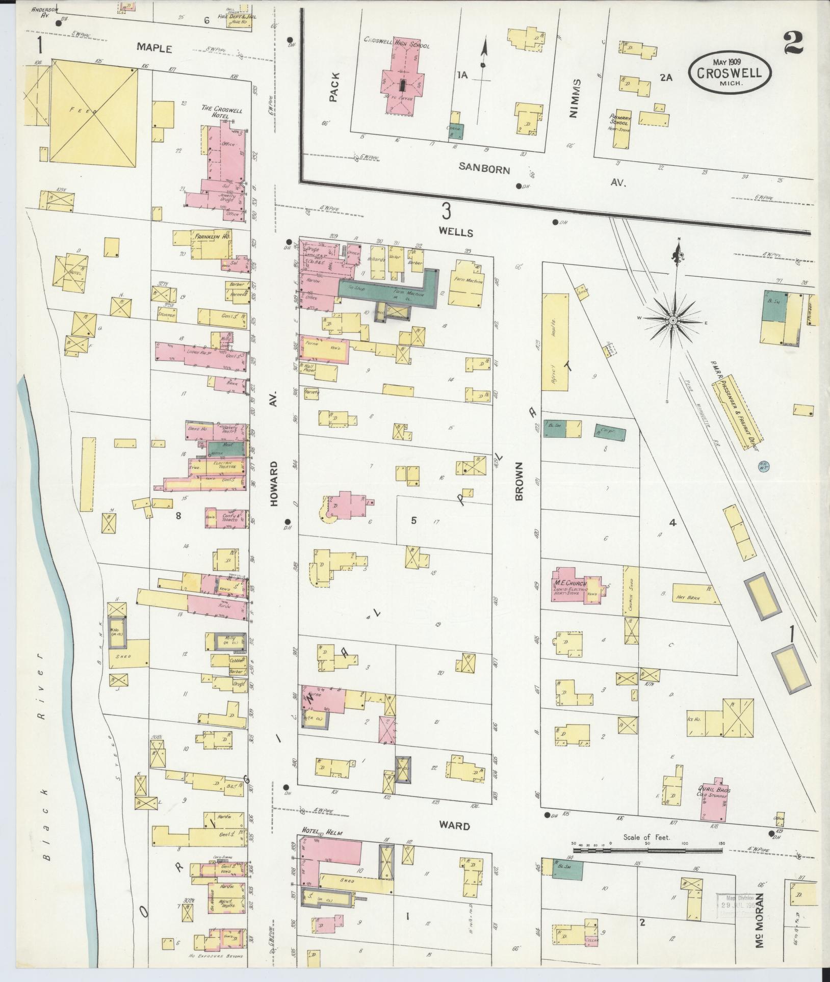 Sanborn Fire Insurance Map from Croswell, Sanilac County, Michigan (1909), Sheet #0002 - Historic Sanborn Fire Insurance Map Print, vintage old map wall art, antique decor, genealogy gift, Michigan Michigan map