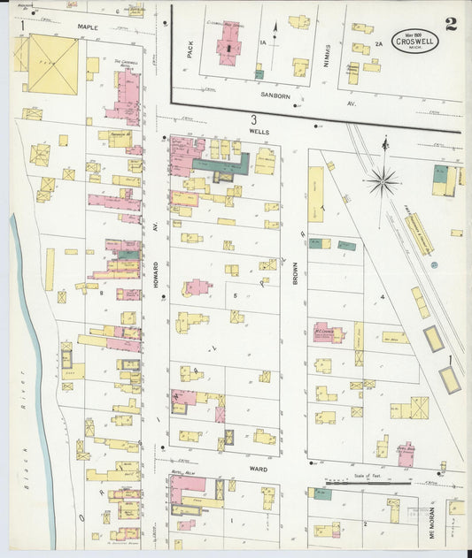 Sanborn Fire Insurance Map from Croswell, Sanilac County, Michigan (1909), Sheet #0002 - Historic Sanborn Fire Insurance Map Print, vintage old map wall art, antique decor, genealogy gift, Michigan Michigan map