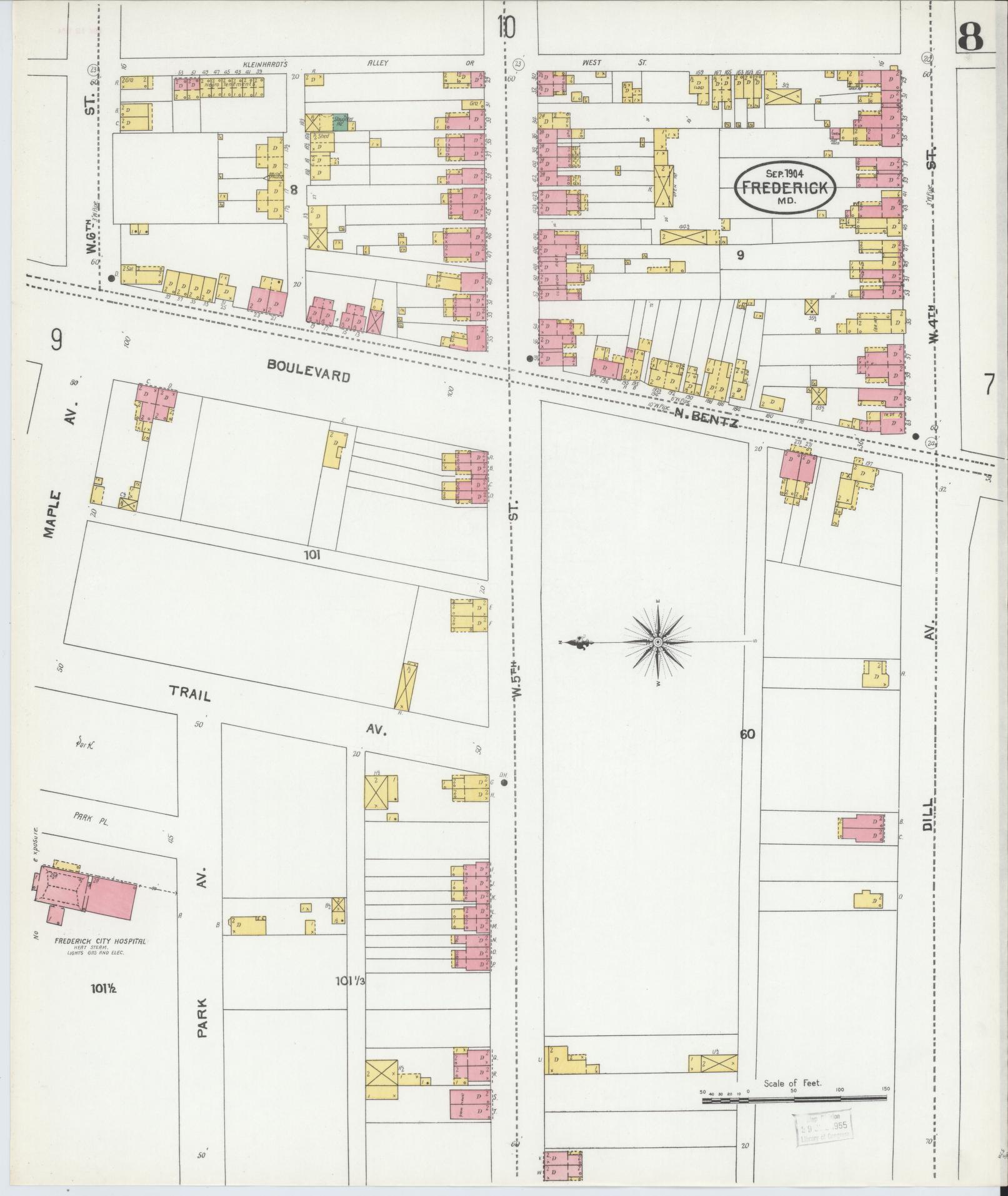 Sanborn Fire Insurance Map from Frederick, Frederick County, Maryland (1904), Sheet #0008 - Historic Sanborn Fire Insurance Map Print, vintage old map wall art