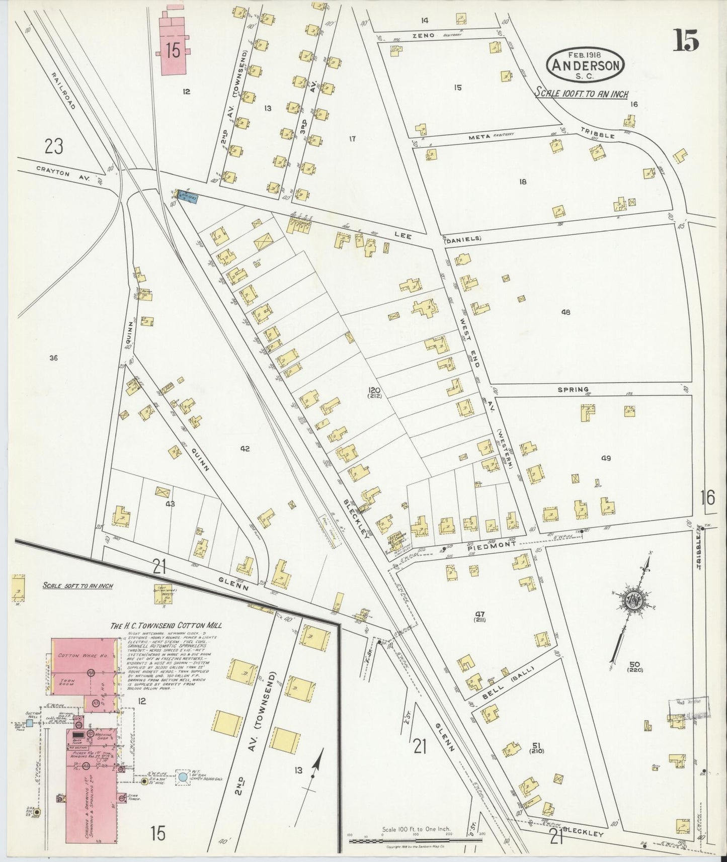 Sanborn Fire Insurance Map from Anderson, Anderson County, South Carolina (1918), Sheet #0015 - Complete Map Set gallery image, historic Sanborn map, vintage wall art, South Carolina South Carolina