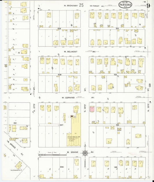 Sanborn Fire Insurance Map from Parsons, Labette County, Kansas (1911), Sheet #0009 - Historic Sanborn Fire Insurance Map Print, vintage old map wall art, antique decor, genealogy gift, Kansas Kansas map