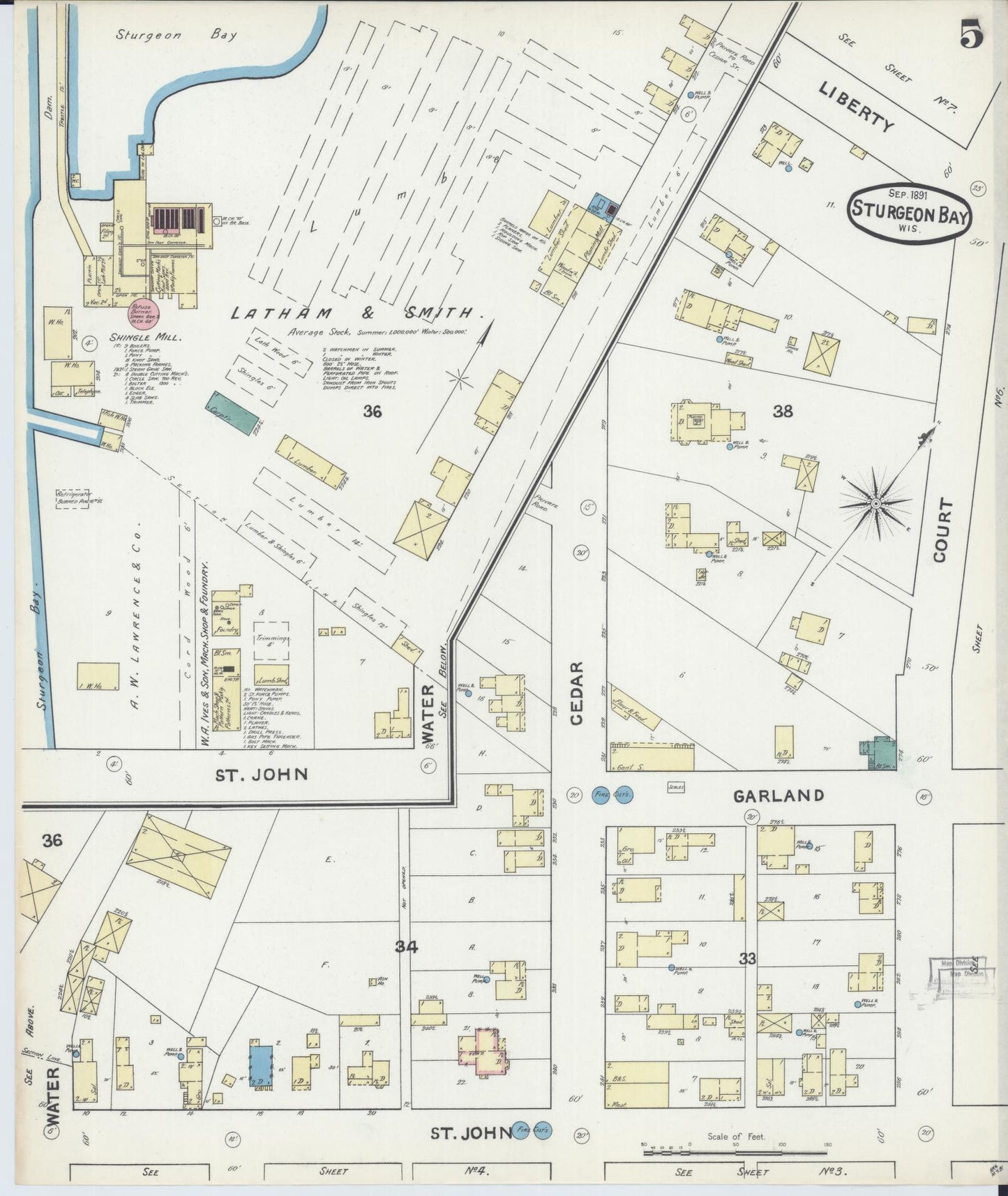 Sanborn Fire Insurance Map from Sturgeon Bay, Door County, Wisconsin (1891), Sheet #0005 - Historic Sanborn Fire Insurance Map Print, vintage old map wall art, antique decor, genealogy gift, Wisconsin Wisconsin map