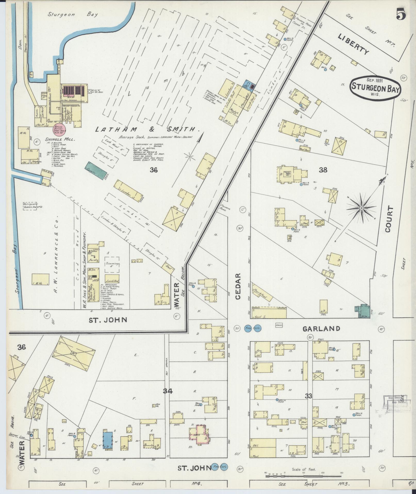 Sanborn Fire Insurance Map from Sturgeon Bay, Door County, Wisconsin (1891), Sheet #0005 - Historic Sanborn Fire Insurance Map Print, vintage old map wall art, antique decor, genealogy gift, Wisconsin Wisconsin map