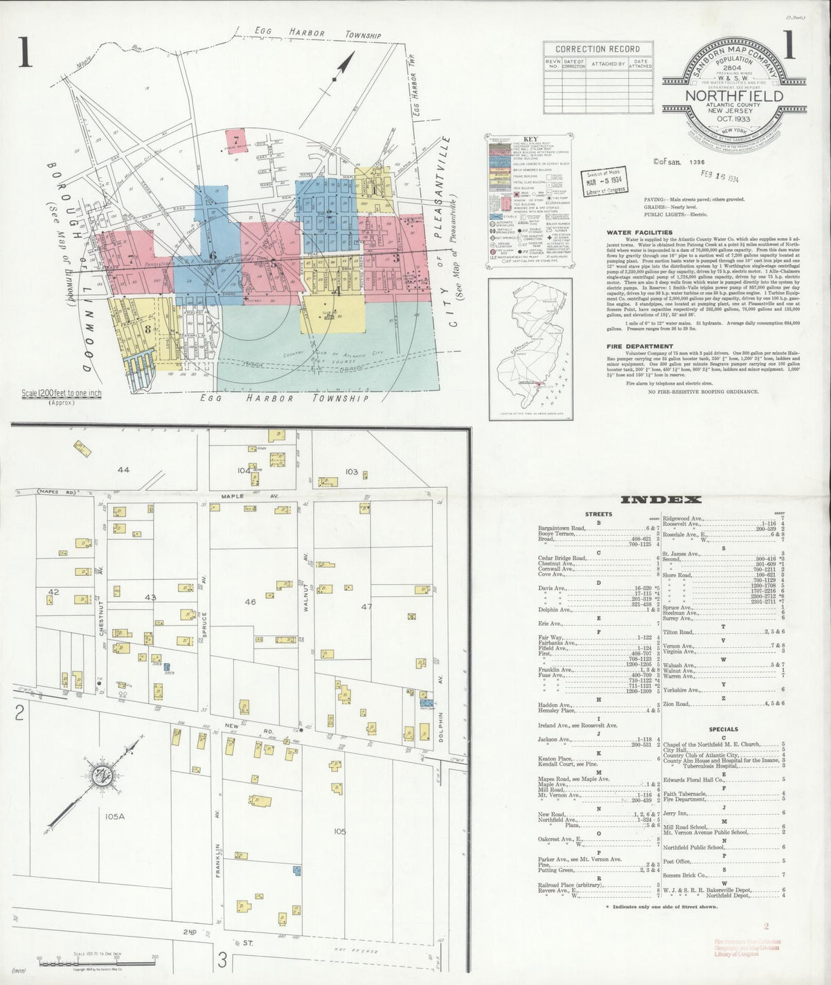 Sanborn Fire Insurance Map from Northfield, Atlantic County, New Jersey (1933), Sheet #0001 - Complete Map Set gallery image, historic Sanborn map, vintage wall art, New Jersey New Jersey