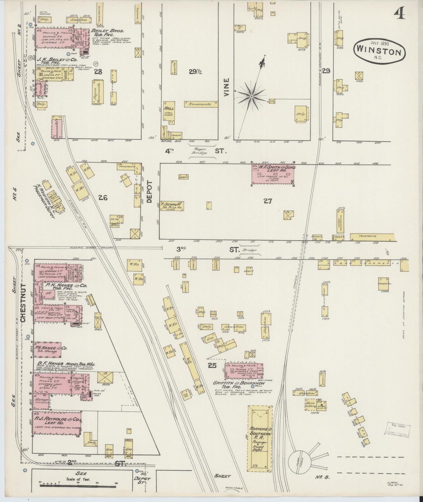 Sanborn Fire Insurance Map from Winston-Salem, Forsyth County, North Carolina (1890), Sheet #0004 - Complete Map Set gallery image, historic Sanborn map, vintage wall art, North Carolina North Carolina