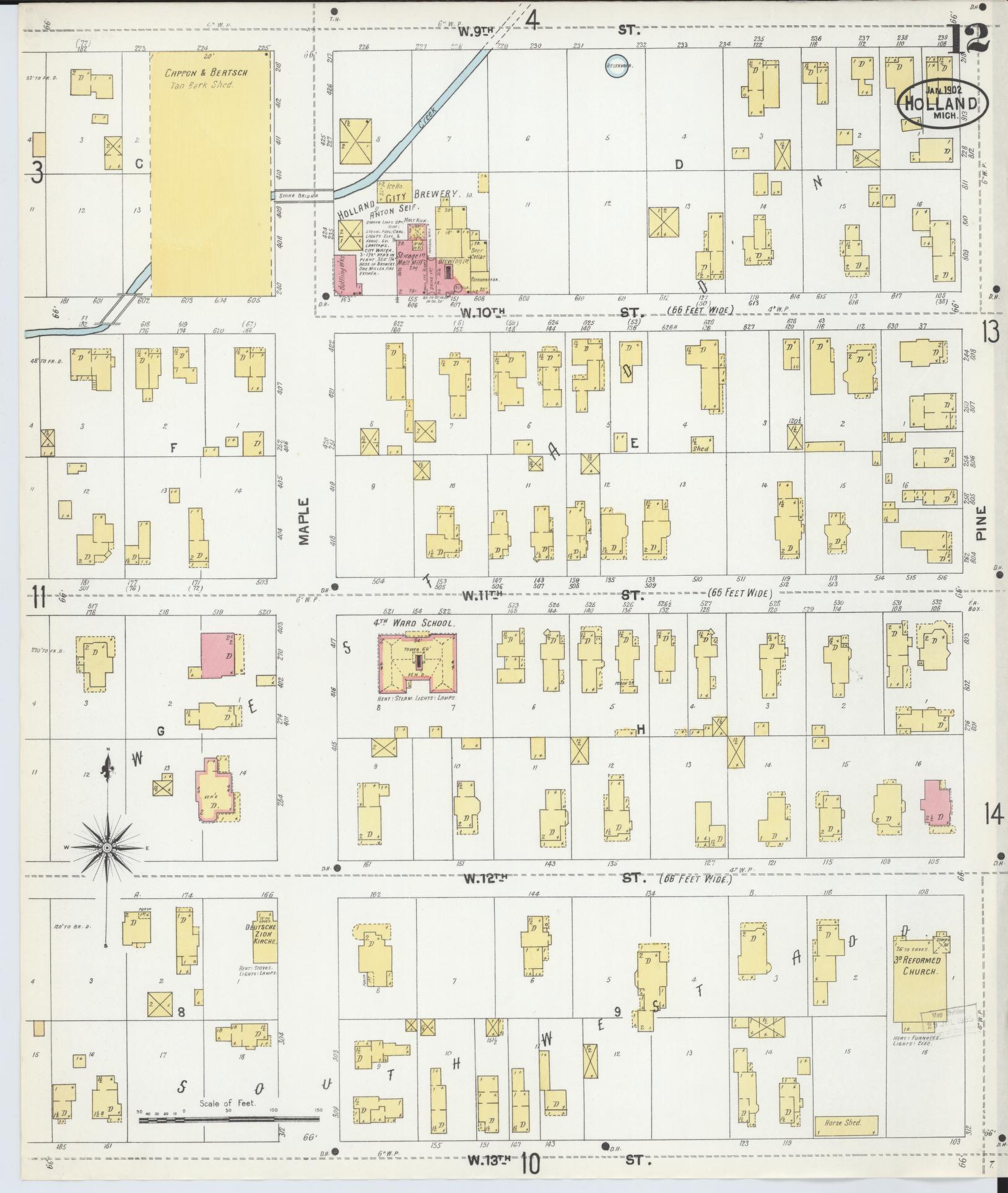 Sanborn Fire Insurance Map from Holland, Ottawa County, Michigan (1902), Sheet #0012 - Historic Sanborn Fire Insurance Map Print, vintage old map wall art, antique decor, genealogy gift, Michigan Michigan map