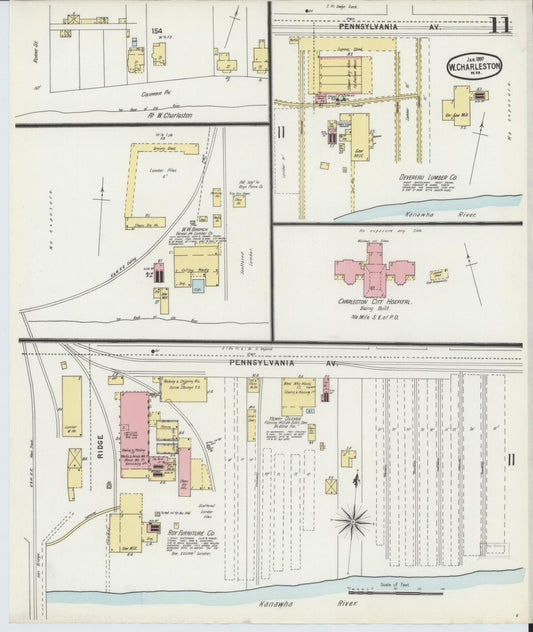 Sanborn Fire Insurance Map from Charleston, Kanawha County, West Virginia (1897), Sheet #0011 - Historic Sanborn Fire Insurance Map Print, vintage old map wall art, antique decor, genealogy gift, West Virginia West Virginia map