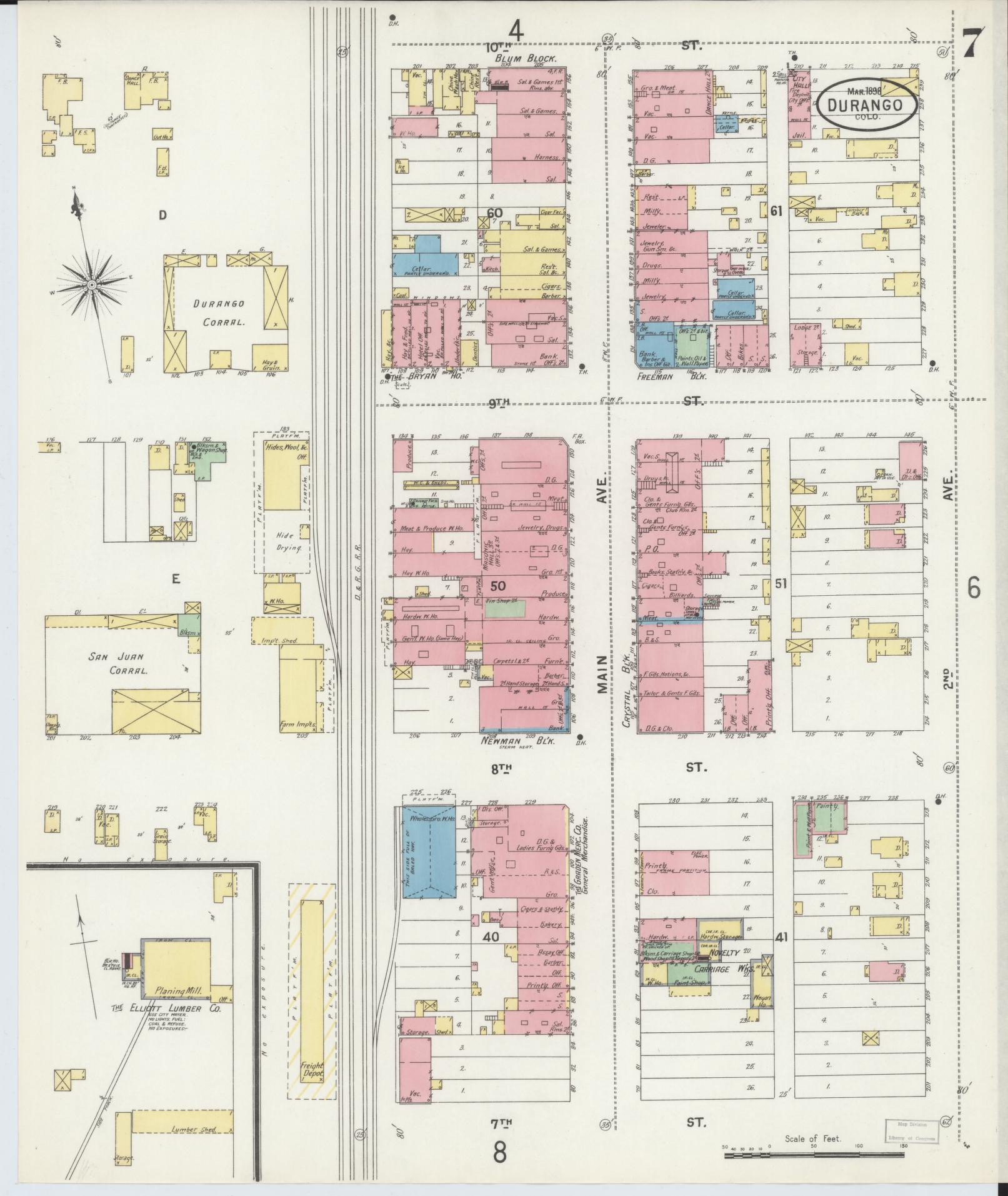 Sanborn Fire Insurance Map from Durango, La Plata County, Colorado (1898), Sheet #0007 - Complete Map Set gallery image, historic Sanborn map, vintage wall art, Colorado Colorado