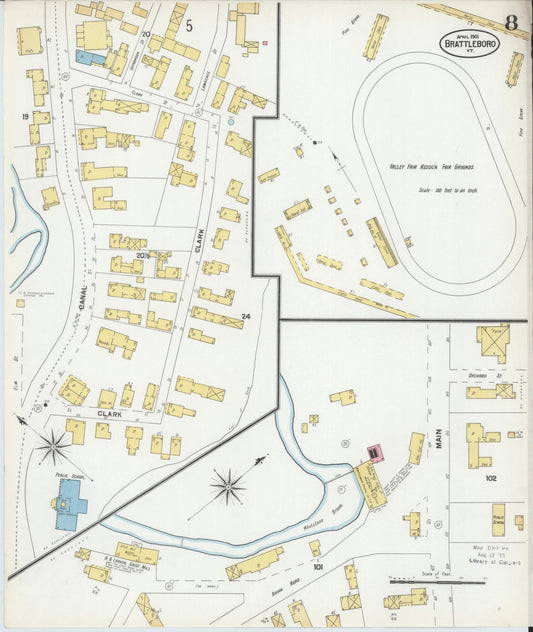 Sanborn Fire Insurance Map from Brattleboro, Windham County, Vermont (1901), Sheet #0008 - Historic Sanborn Fire Insurance Map Print, vintage old map wall art, antique decor, genealogy gift, Vermont Vermont map