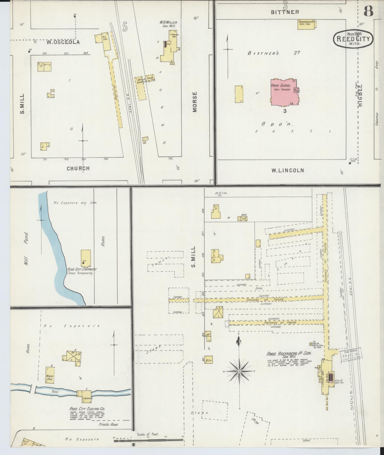 Sanborn Fire Insurance Map from Reed City, Osceola County, Michigan (1895), Sheet #0008 - Historic Sanborn Fire Insurance Map Print, vintage old map wall art, antique decor, genealogy gift, Michigan Michigan map