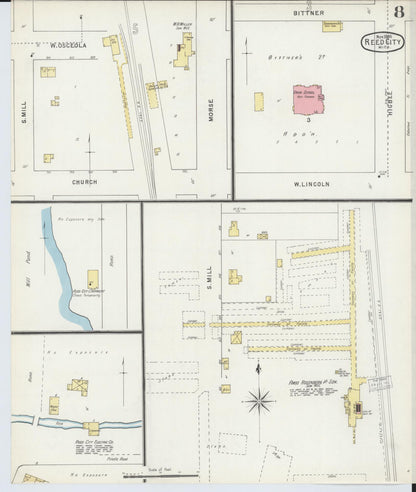 Sanborn Fire Insurance Map from Reed City, Osceola County, Michigan (1895), Sheet #0008 - Historic Sanborn Fire Insurance Map Print, vintage old map wall art, antique decor, genealogy gift, Michigan Michigan map