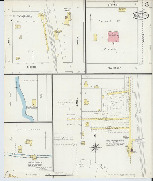 Sanborn Fire Insurance Map from Reed City, Osceola County, Michigan (1895), Sheet #0008 - Historic Sanborn Fire Insurance Map Print, vintage old map wall art, antique decor, genealogy gift, Michigan Michigan map