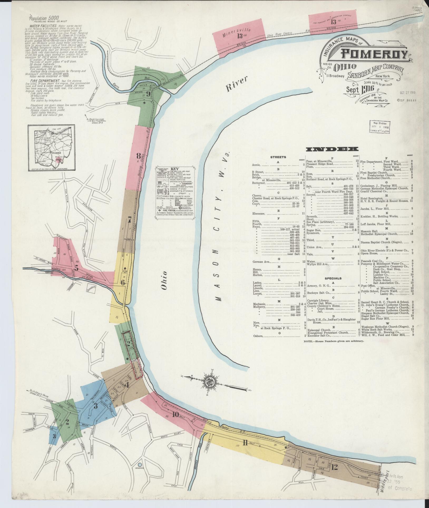 Sanborn Fire Insurance Map from Pomeroy, Meigs County, Ohio (1916), Sheet #0001 - Historic Sanborn Fire Insurance Map Print, vintage old map wall art, antique decor, genealogy gift, Ohio Ohio map