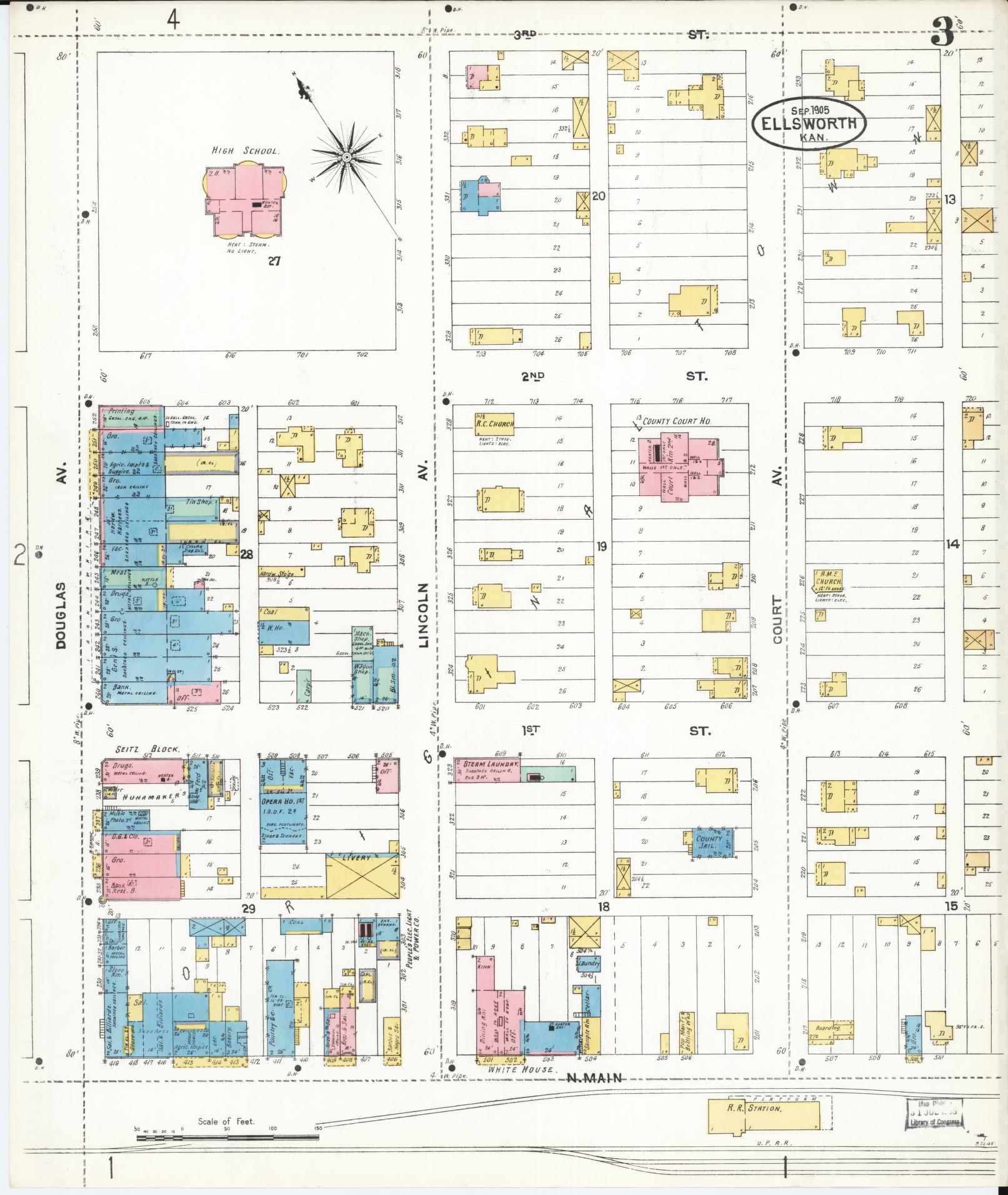 Sanborn Fire Insurance Map from Ellsworth, Ellsworth County, Kansas (1905), Sheet #0003 - Historic Sanborn Fire Insurance Map Print, vintage old map wall art, antique decor, genealogy gift, Kansas Kansas map