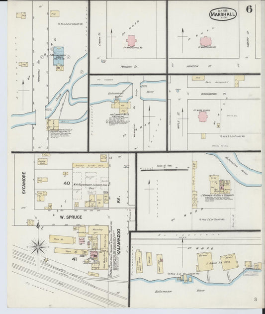 Sanborn Fire Insurance Map from Marshall, Calhoun County, Michigan (1888), Sheet #0006 - Historic Sanborn Fire Insurance Map Print, vintage old map wall art, antique decor, genealogy gift, Michigan Michigan map