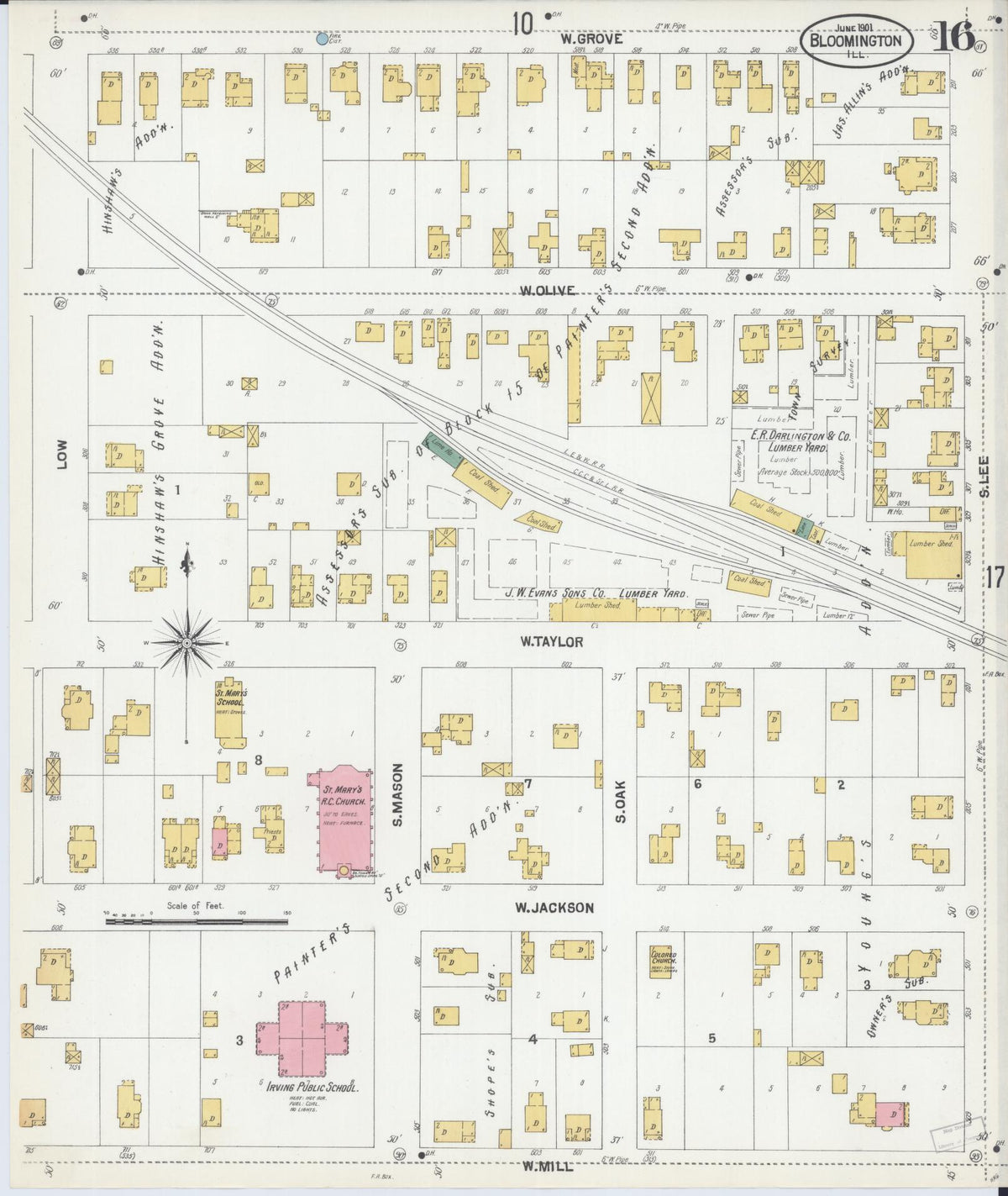 Sanborn Fire Insurance Map from Bloomington, McLean County, Illinois (1901), Sheet #0016 - Complete Map Set gallery image, historic Sanborn map, vintage wall art, Illinois Illinois