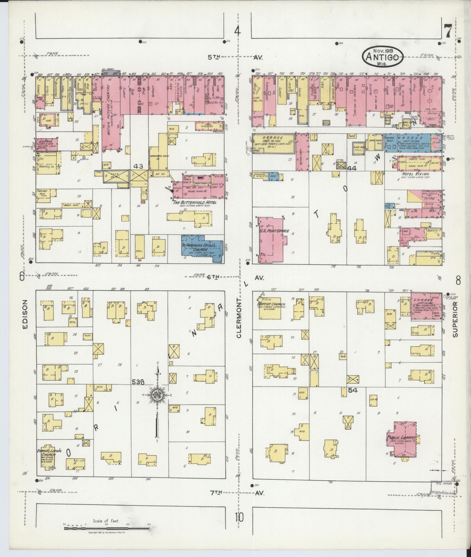 Sanborn Fire Insurance Map from Antigo, Langlade County, Wisconsin (1919), Sheet #0007 - Historic Sanborn Fire Insurance Map Print, vintage old map wall art, antique decor, genealogy gift, Wisconsin Wisconsin map