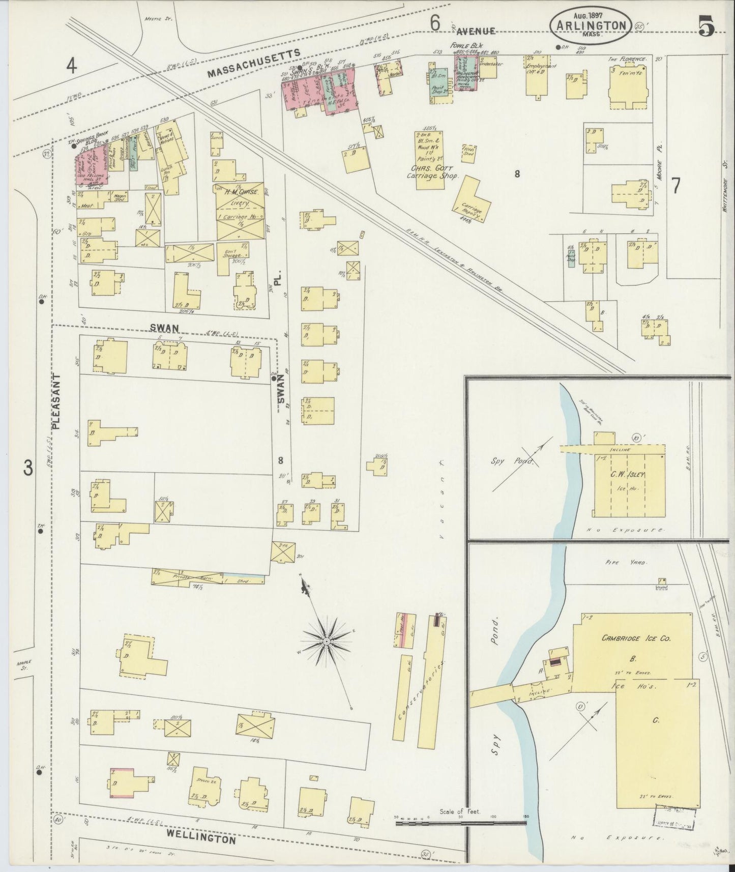 Sanborn Fire Insurance Map from Arlington, Middlesex County, Massachusetts (1897), Sheet #0005 - Historic Sanborn Fire Insurance Map Print, vintage old map wall art, antique decor, genealogy gift, Massachusetts Massachusetts map