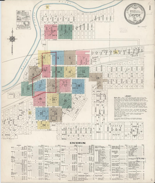 Sanborn Fire Insurance Map from Casper, Natrona County, Wyoming (1918), Sheet #0001 - Historic Sanborn Fire Insurance Map Print, vintage old map wall art, antique decor, genealogy gift, Wyoming Wyoming map