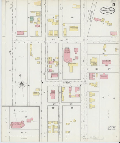 Sanborn Fire Insurance Map from Turners Falls, Franklin County, Massachusetts (1895), Sheet #0005 - Historic Sanborn Fire Insurance Map Print, vintage old map wall art, antique decor, genealogy gift, Massachusetts Massachusetts map
