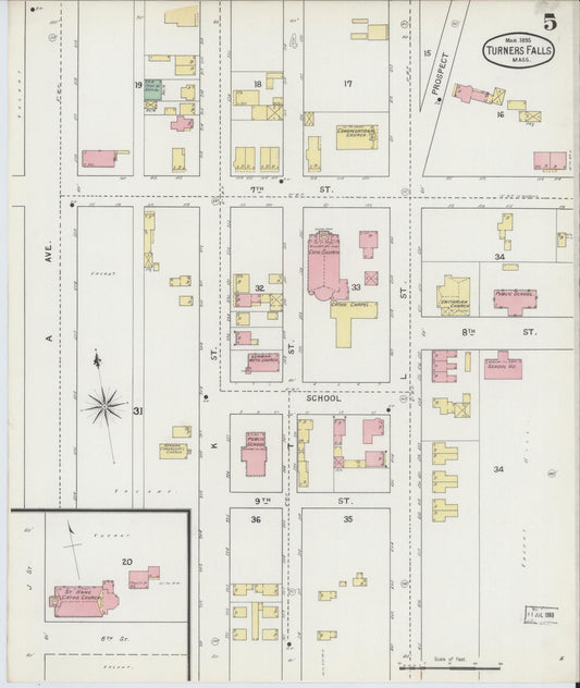 Sanborn Fire Insurance Map from Turners Falls, Franklin County, Massachusetts (1895), Sheet #0005 - Historic Sanborn Fire Insurance Map Print, vintage old map wall art, antique decor, genealogy gift, Massachusetts Massachusetts map