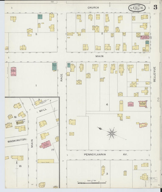 Sanborn Fire Insurance Map from Leslie, Ingham County, Michigan (1893), Sheet #0003 - Historic Sanborn Fire Insurance Map Print, vintage old map wall art, antique decor, genealogy gift, Michigan Michigan map
