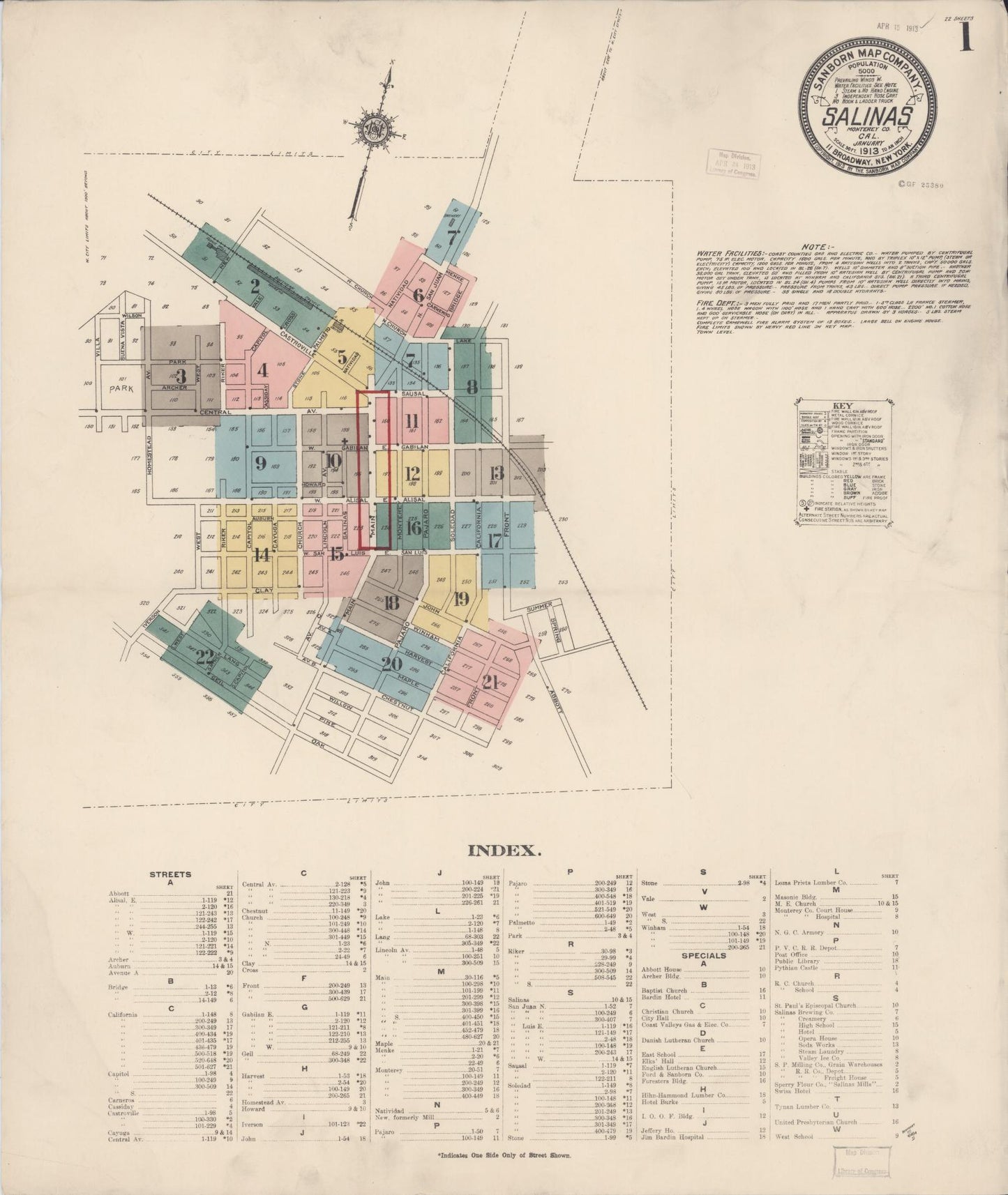 Sanborn Fire Insurance Map from Salinas, Monterey County, California (1913), Sheet #0001 - Complete Map Set gallery image, historic Sanborn map, vintage wall art, California California