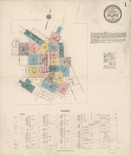 Sanborn Fire Insurance Map from Salinas, Monterey County, California (1913), Sheet #0001 - Complete Map Set gallery image, historic Sanborn map, vintage wall art, California California