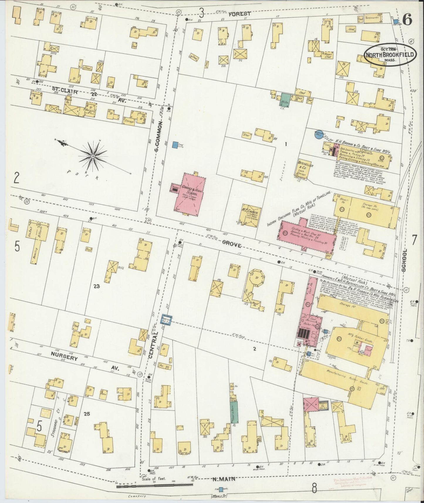Sanborn Fire Insurance Map from North Brookfield, Worcester County, Massachusetts (1906), Sheet #0006 - Historic Sanborn Fire Insurance Map Print, vintage old map wall art, antique decor, genealogy gift, Massachusetts Massachusetts map