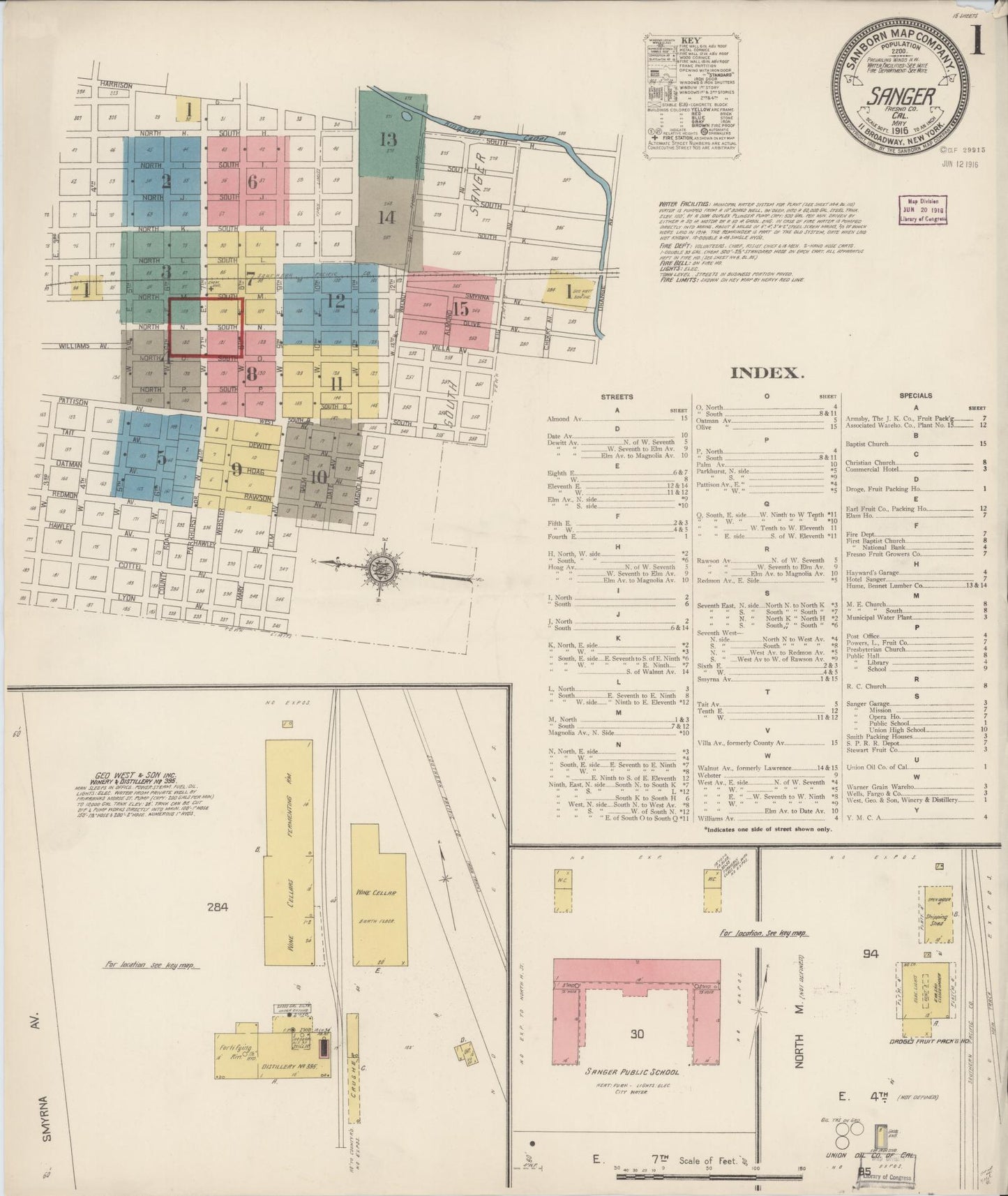 Sanborn Fire Insurance Map from Sanger, Fresno County, California (1916), Sheet #0001 - Complete Map Set gallery image, historic Sanborn map, vintage wall art, California California