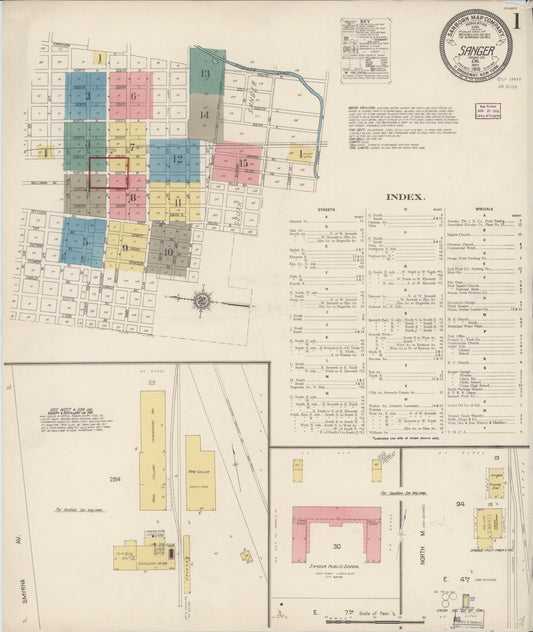 Sanborn Fire Insurance Map from Sanger, Fresno County, California (1916), Sheet #0001 - Complete Map Set gallery image, historic Sanborn map, vintage wall art, California California