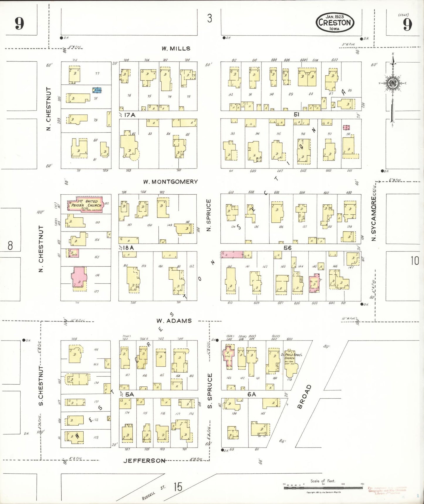 Sanborn Fire Insurance Map from Creston, Union County, Iowa (1923), Sheet #0009 - Historic Sanborn Fire Insurance Map Print, vintage old map wall art