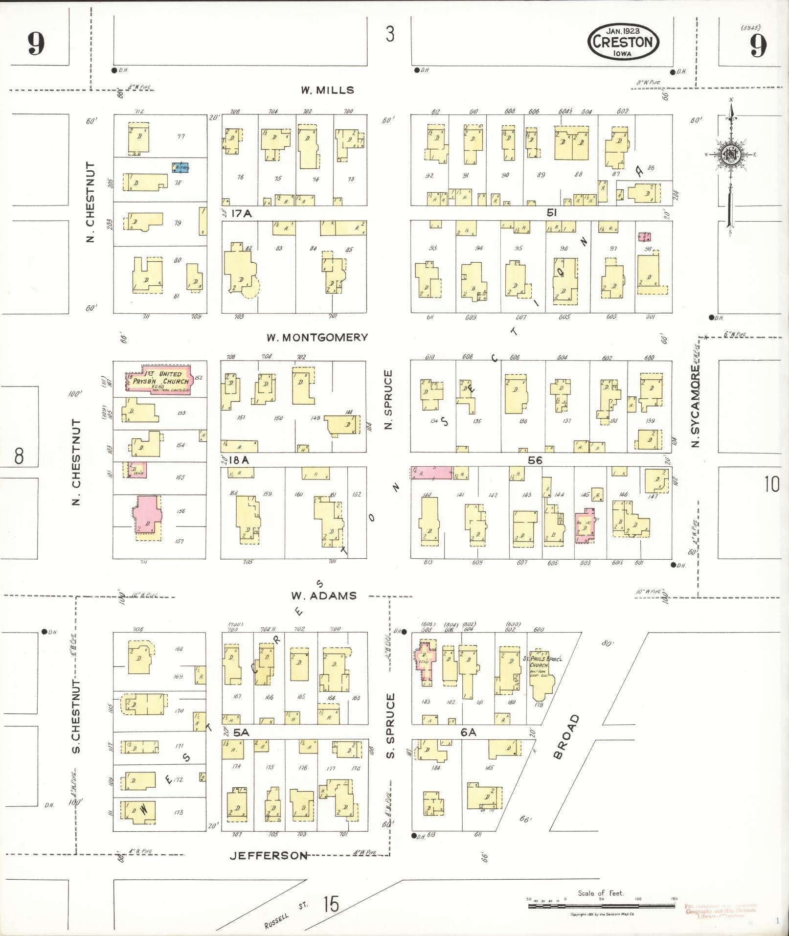 Sanborn Fire Insurance Map from Creston, Union County, Iowa (1923), Sheet #0009 - Historic Sanborn Fire Insurance Map Print, vintage old map wall art
