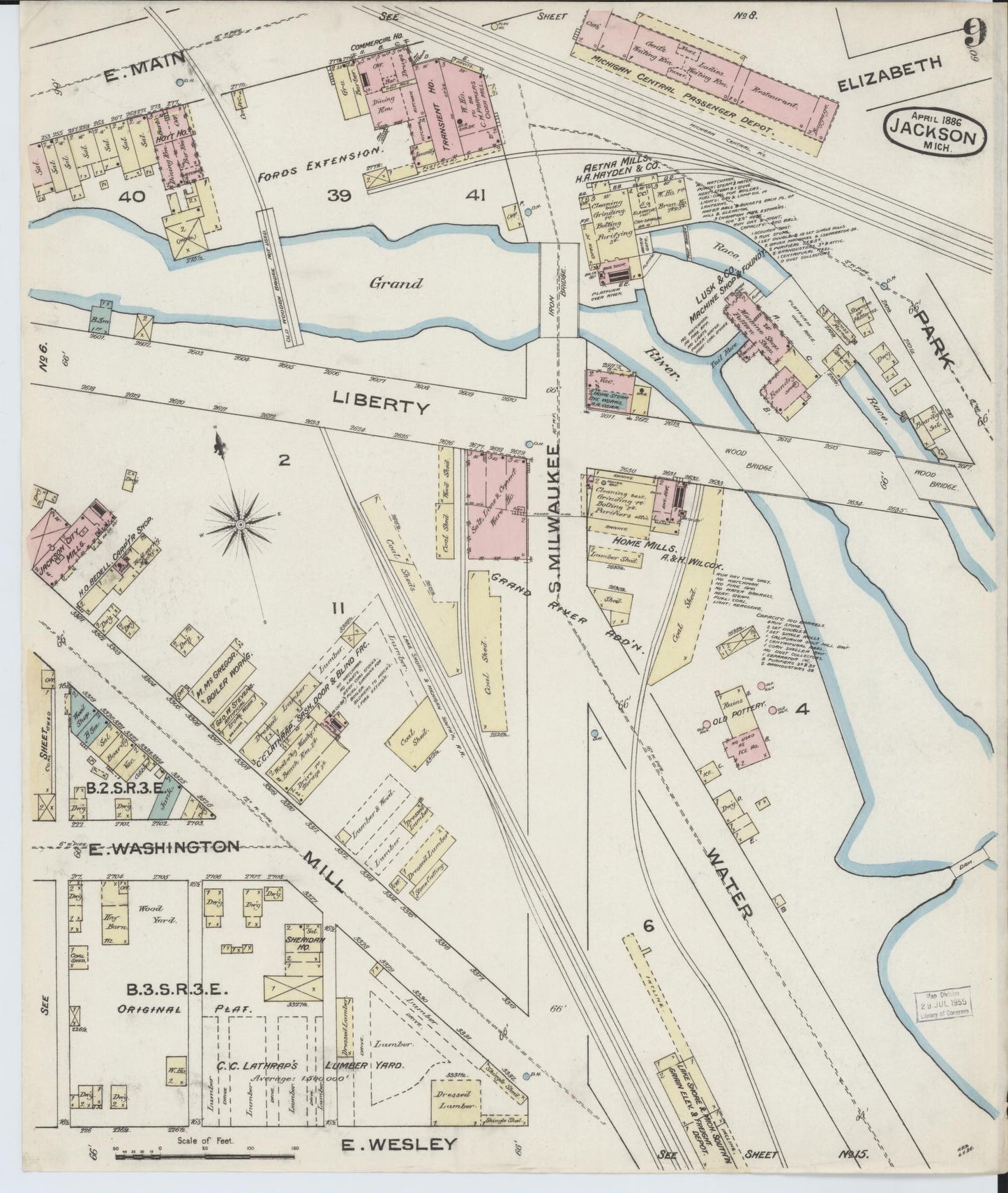 Sanborn Fire Insurance Map from Jackson, Jackson County, Michigan (1886), Sheet #0009 - Historic Sanborn Fire Insurance Map Print, vintage old map wall art, antique decor, genealogy gift, Michigan Michigan map