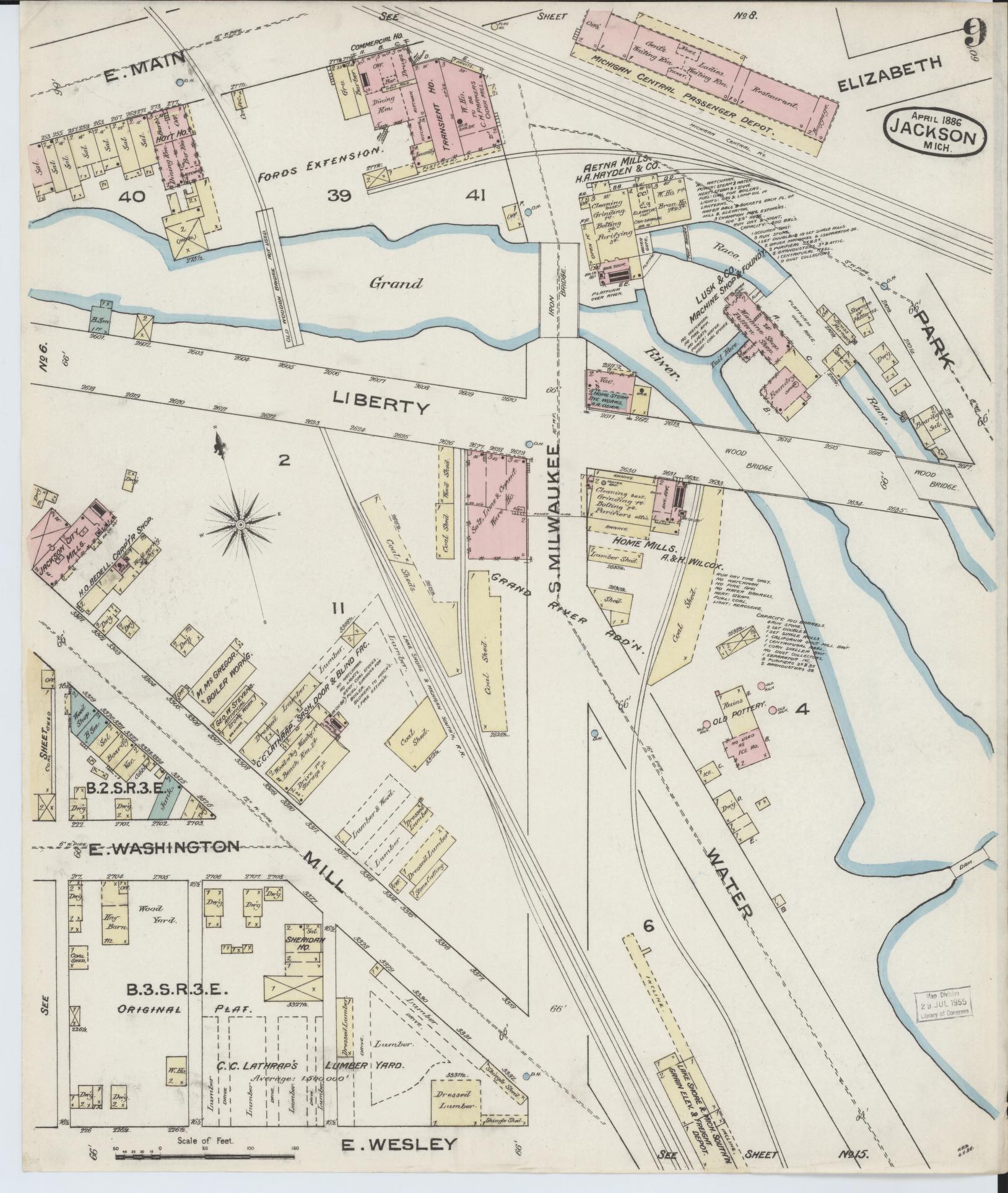 Sanborn Fire Insurance Map from Jackson, Jackson County, Michigan (1886), Sheet #0009 - Historic Sanborn Fire Insurance Map Print, vintage old map wall art, antique decor, genealogy gift, Michigan Michigan map