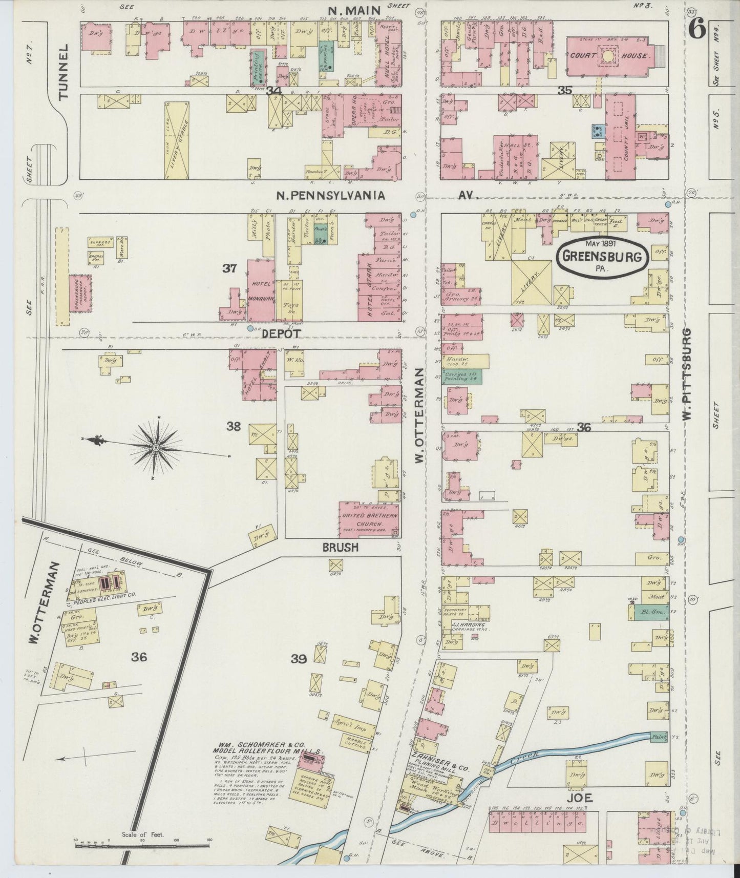 Sanborn Fire Insurance Map from Greensburg, Westmoreland County, Pennsylvania (1891), Sheet #0006 - Historic Sanborn Fire Insurance Map Print, vintage old map wall art, antique decor, genealogy gift, Pennsylvania Pennsylvania map