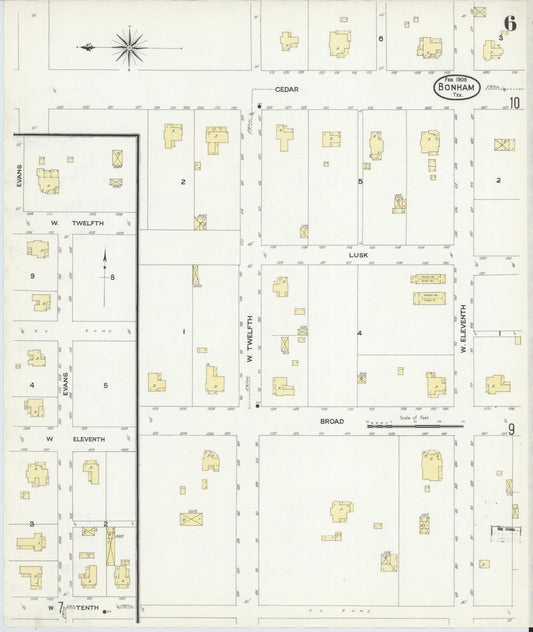 Sanborn Fire Insurance Map from Bonham, Fannin County, Texas (1909), Sheet #0006 - Historic Sanborn Fire Insurance Map Print, vintage old map wall art, antique decor, genealogy gift, Texas Texas map
