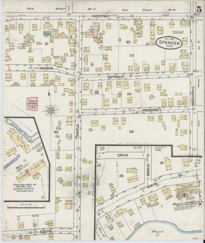 Sanborn Fire Insurance Map from Spencer, Worcester County, Massachusetts (1887), Sheet #0005 - Historic Sanborn Fire Insurance Map Print, vintage old map wall art, antique decor, genealogy gift, Massachusetts Massachusetts map