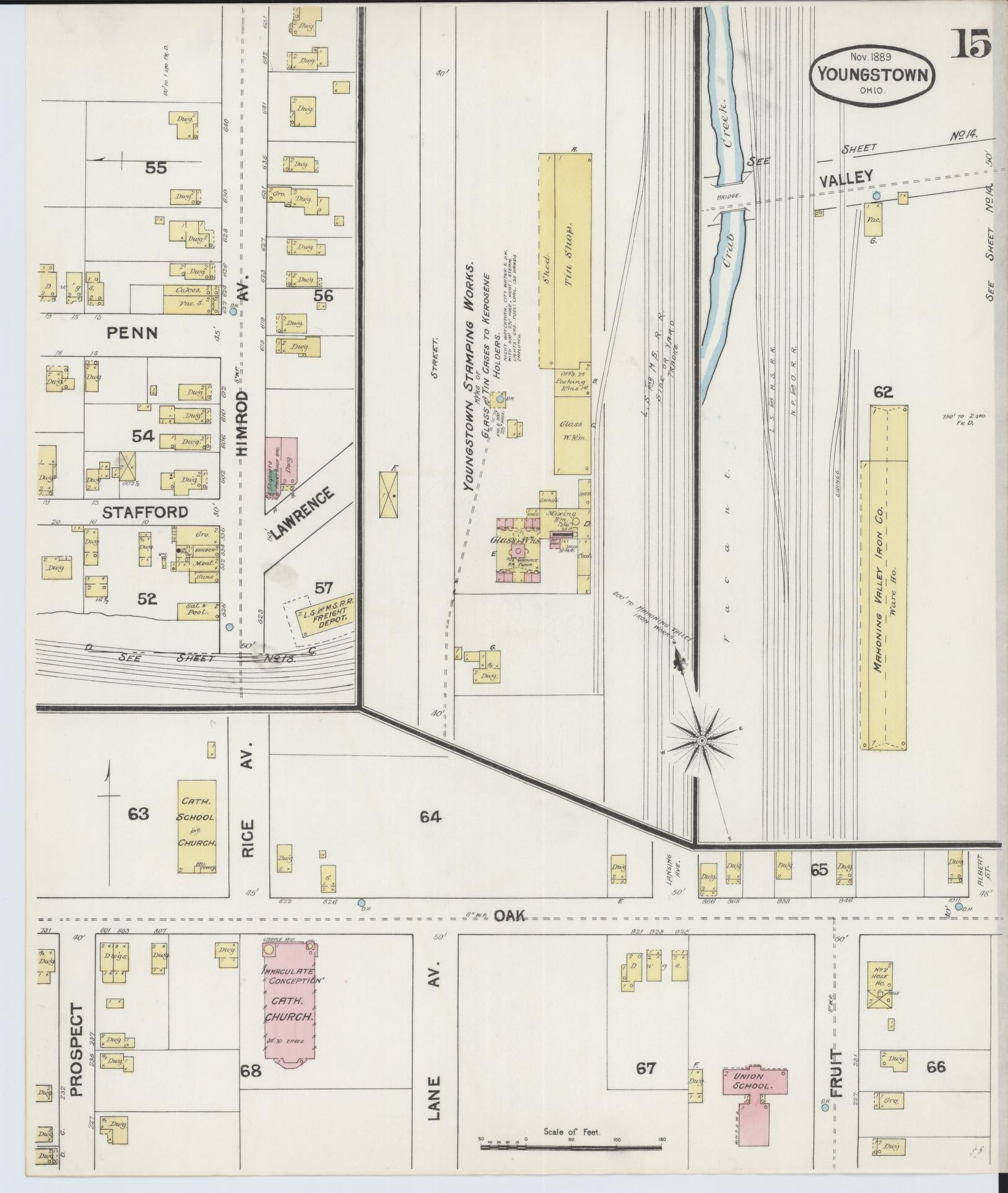 Sanborn Fire Insurance Map from Youngstown, Mahoning County, Ohio (1889), Sheet #0015 - Historic Sanborn Fire Insurance Map Print, vintage old map wall art, antique decor, genealogy gift, Ohio Ohio map