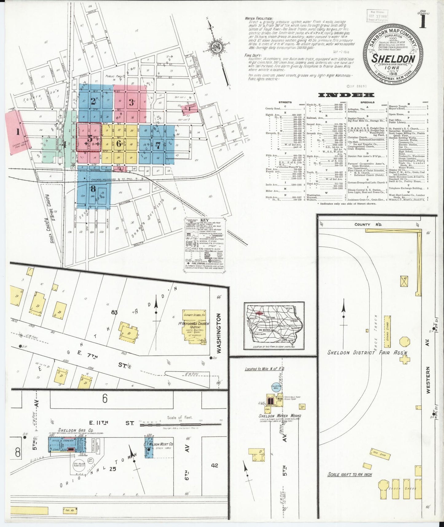 Sanborn Fire Insurance Map from Sheldon, O'Brien County, Iowa (1918), Sheet #0001 - Historic Sanborn Fire Insurance Map Print, vintage old map wall art