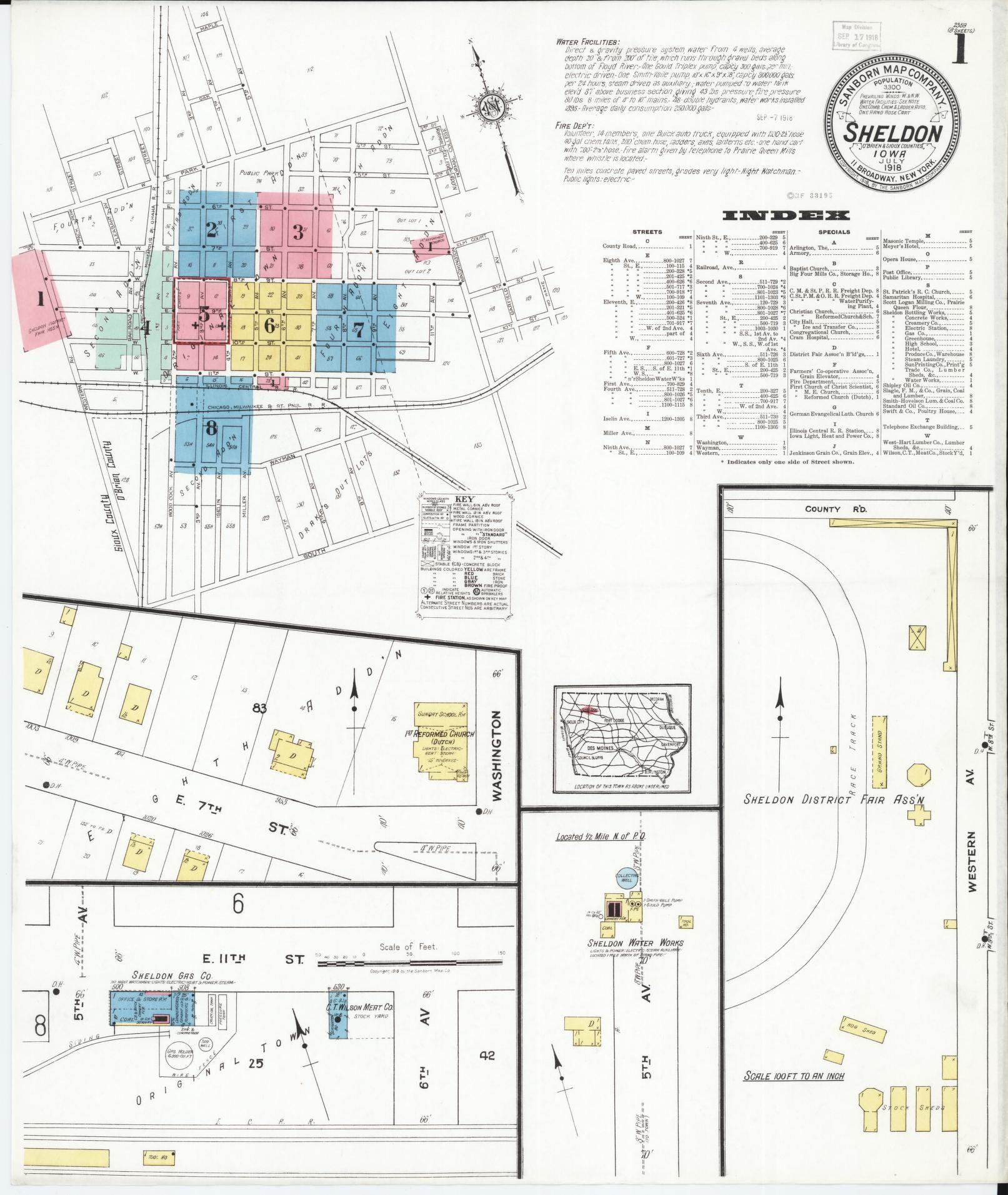 Sanborn Fire Insurance Map from Sheldon, O'Brien County, Iowa (1918), Sheet #0001 - Historic Sanborn Fire Insurance Map Print, vintage old map wall art