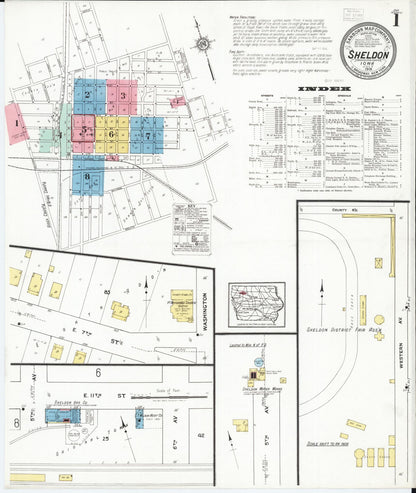 Sanborn Fire Insurance Map from Sheldon, O'Brien County, Iowa (1918), Sheet #0001 - Historic Sanborn Fire Insurance Map Print, vintage old map wall art