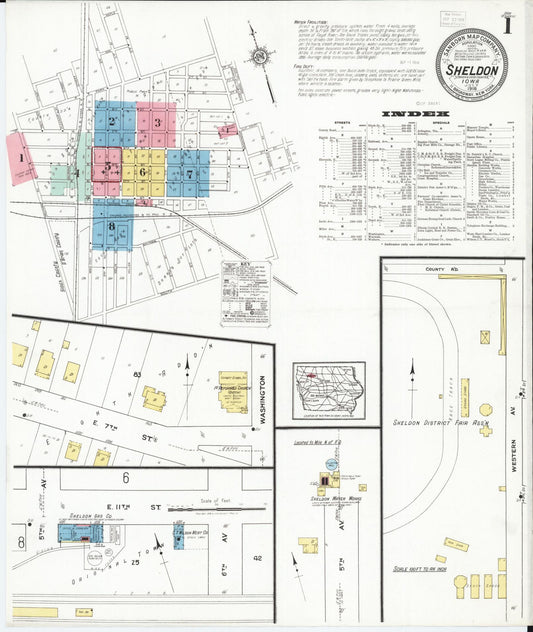 Sanborn Fire Insurance Map from Sheldon, O'Brien County, Iowa (1918), Sheet #0001 - Historic Sanborn Fire Insurance Map Print, vintage old map wall art