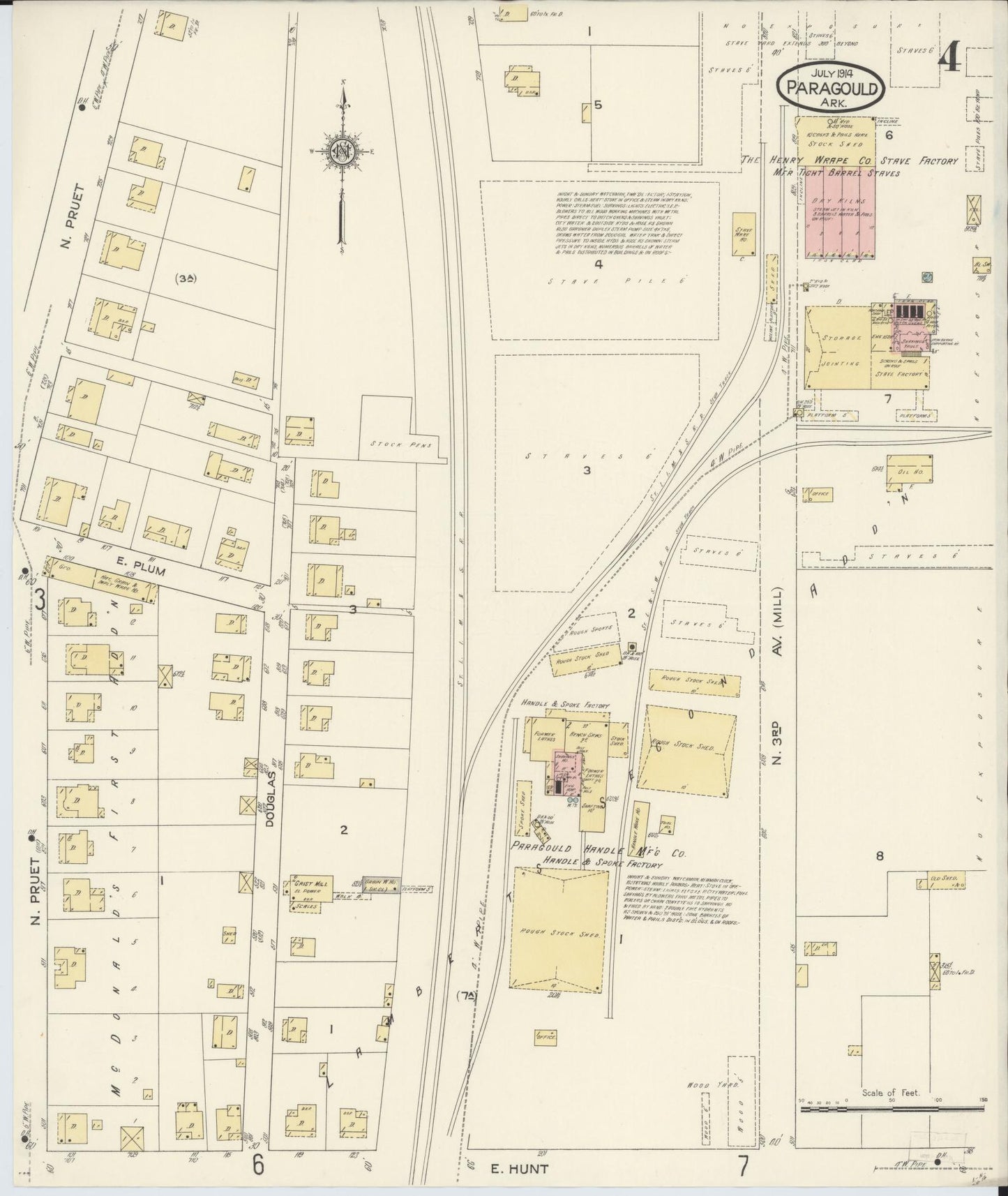Sanborn Fire Insurance Map from Paragould, Greene County, Arkansas (1914), Sheet #0004 - Historic Sanborn Fire Insurance Map Print, vintage old map wall art, antique decor, genealogy gift, Arkansas Arkansas map