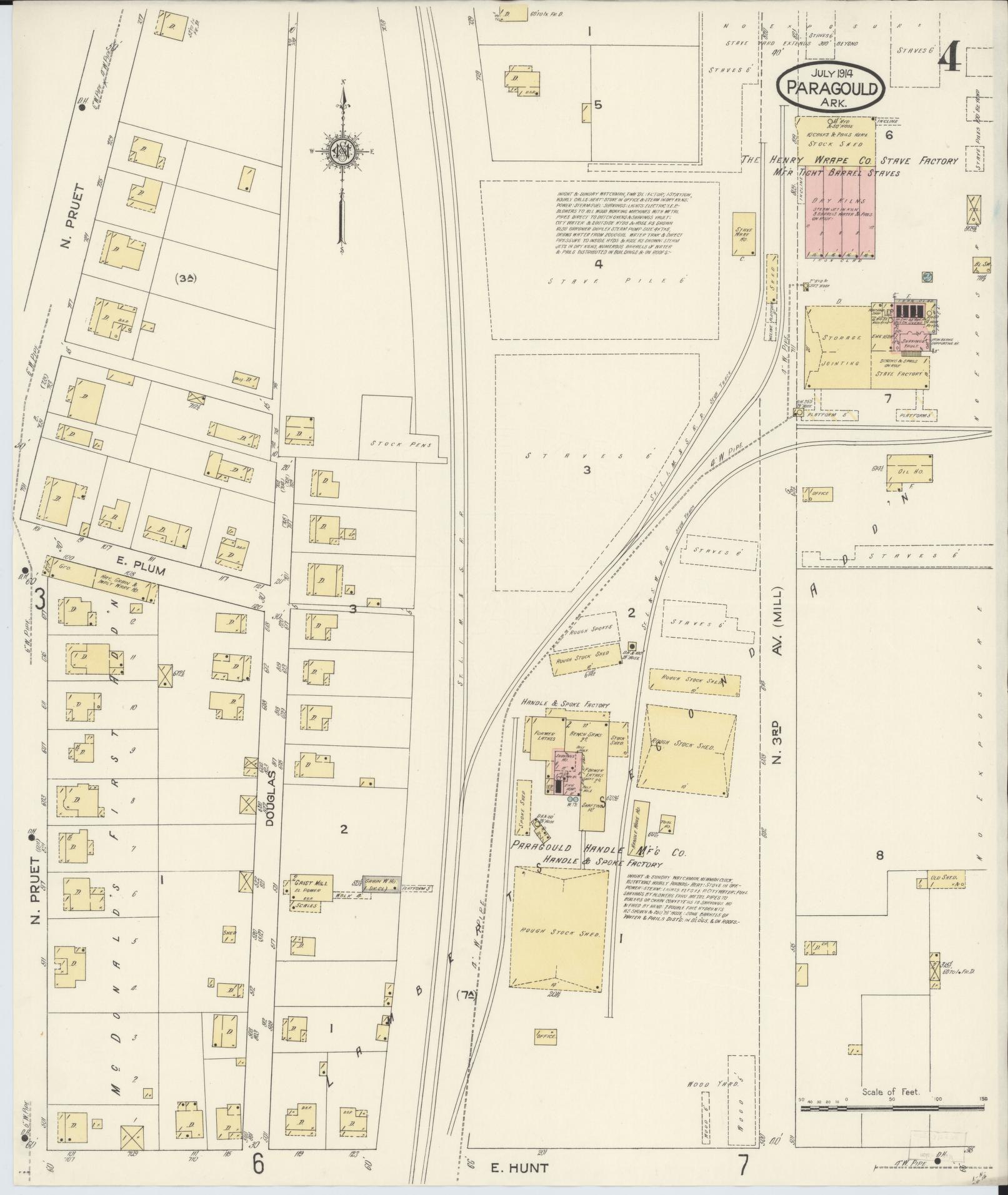 Sanborn Fire Insurance Map from Paragould, Greene County, Arkansas (1914), Sheet #0004 - Historic Sanborn Fire Insurance Map Print, vintage old map wall art, antique decor, genealogy gift, Arkansas Arkansas map
