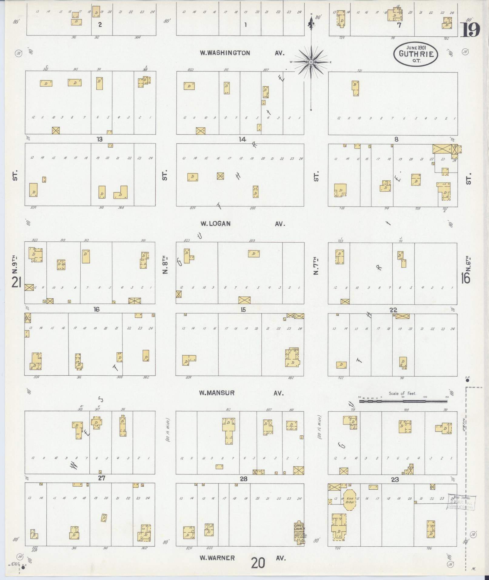 Sanborn Fire Insurance Map from Guthrie, Logan County, Oklahoma (1901), Sheet #0019 - Complete Map Set gallery image, historic Sanborn map, vintage wall art, Oklahoma Oklahoma